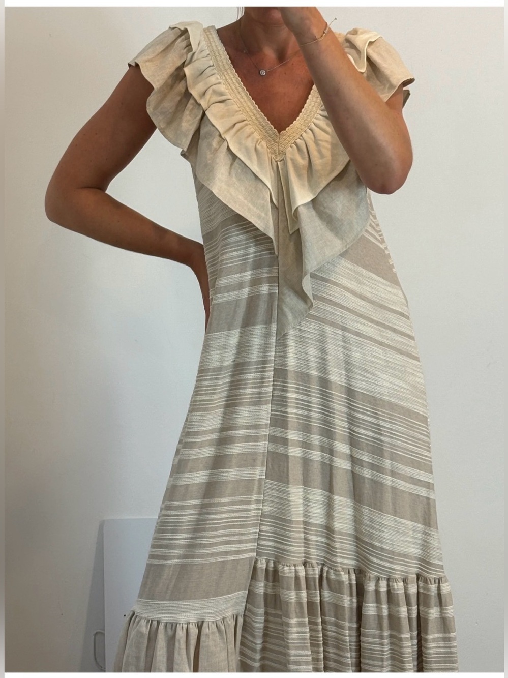 Zara Maxi Dress Bohemian Asymmetric Beige Ruffle Flowy Summer Unusual Size M - Picture 3 of 8